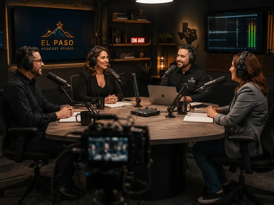 Four professionals at microphones around a studio table with a cinema camera framing the group