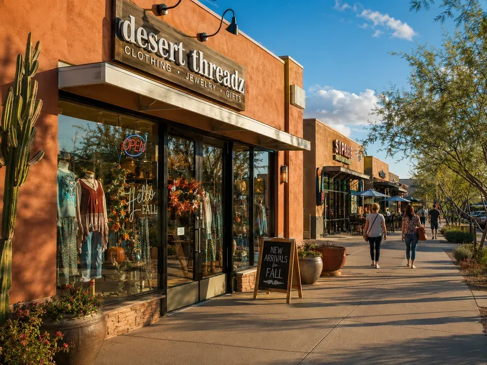 Sunlit southwestern storefront with a seasonal window display and open sign in late afternoon desert light