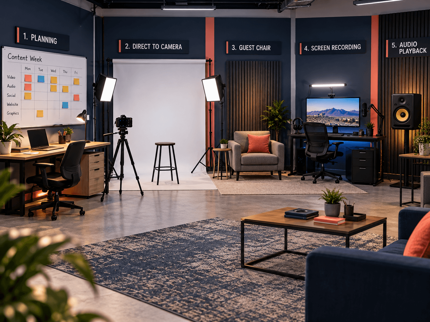 Studio wall with five labeled zones, a lit desk, a guest chair and a screen station beside a color-coded whiteboard