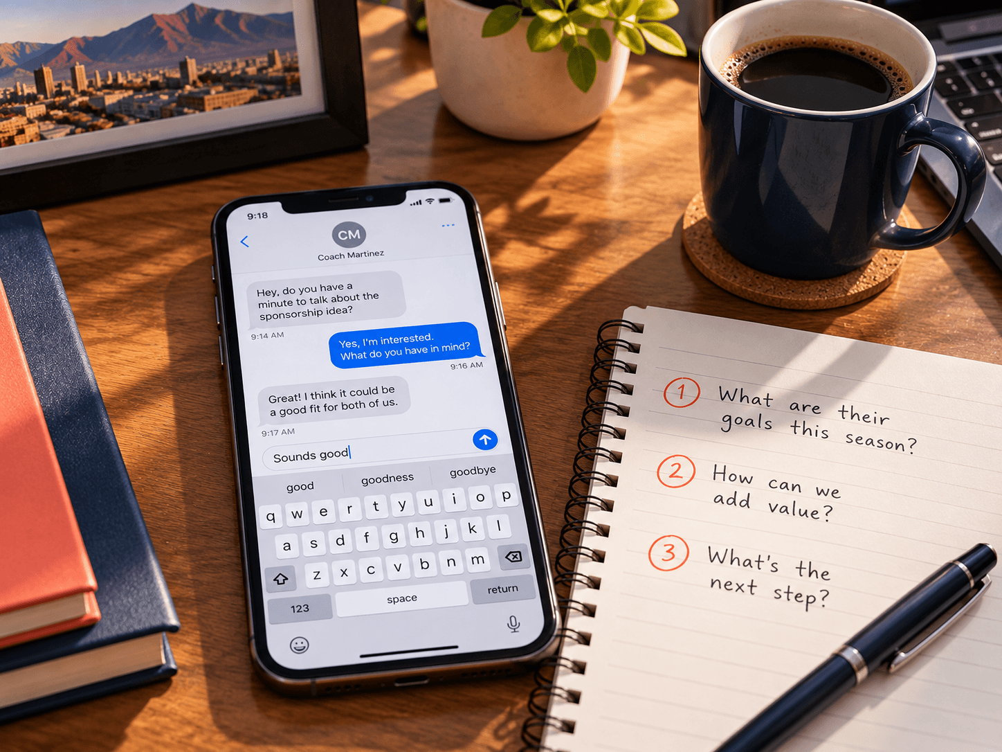 Smartphone on a desk showing a message ready to send beside a notepad with three numbered questions