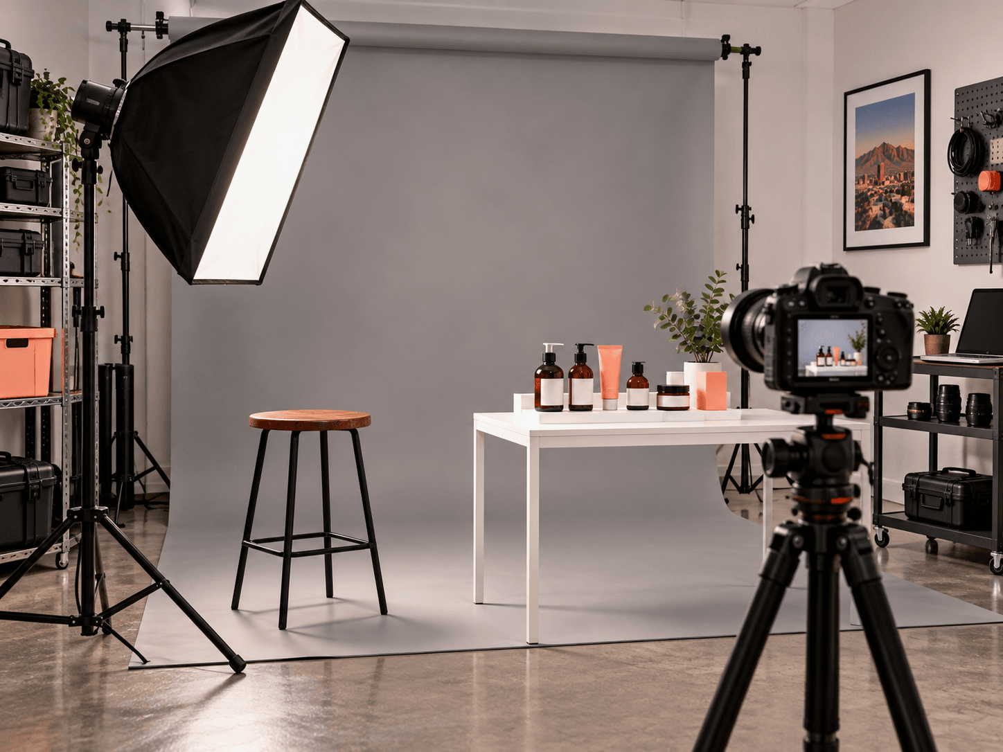 Studio corner with a gray backdrop, a softbox, a stool and a small table of product bottles ready to photograph