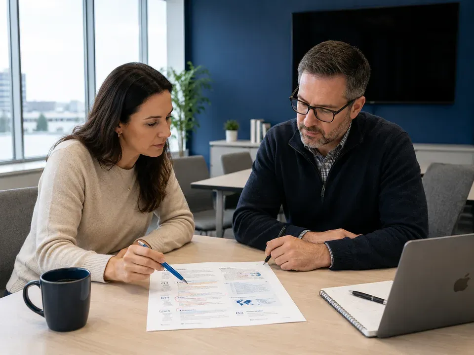 Marketer and reviewer examining a marked-up printed document across a light conference table