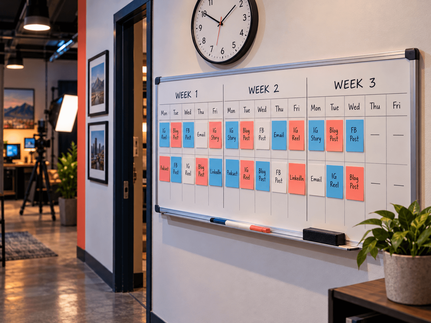 Whiteboard calendar in a studio hallway showing two full weeks of color-coded posts and a third week half filled