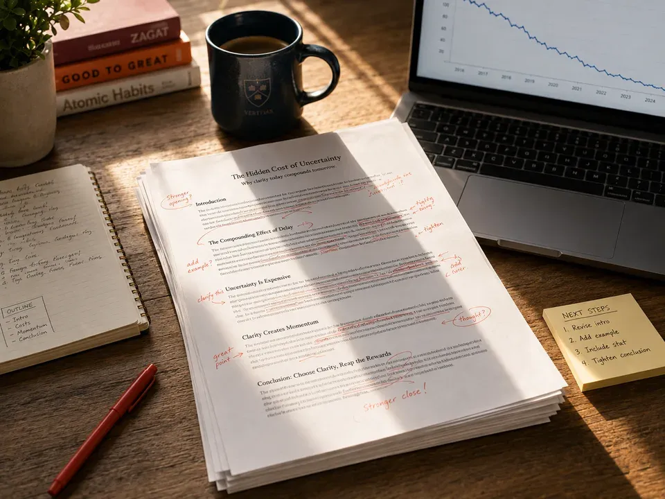 Printed article covered in handwritten edits beside a laptop showing a declining traffic graph