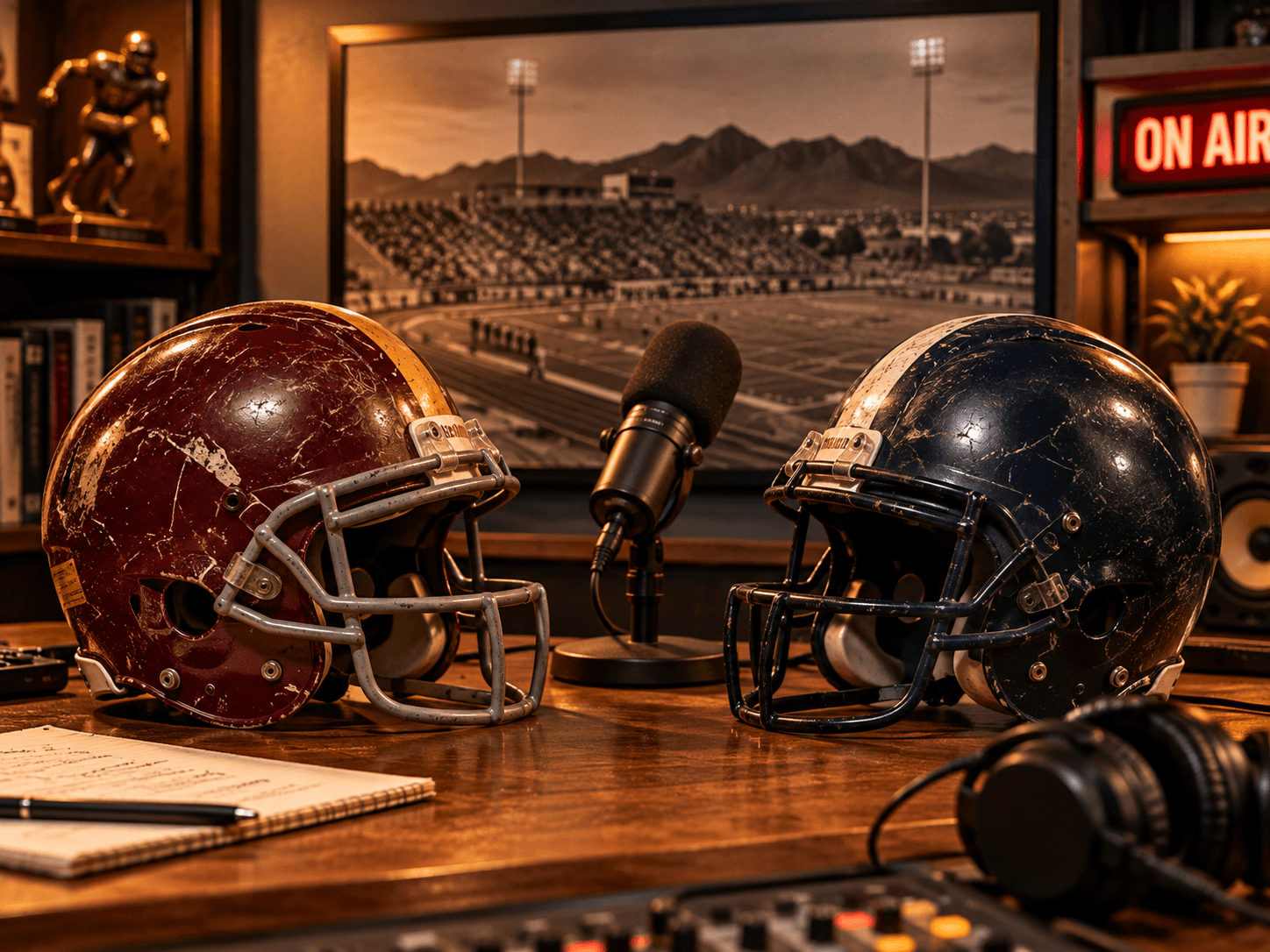 Two weathered football helmets in different colors facing each other on a studio desk with a microphone between them