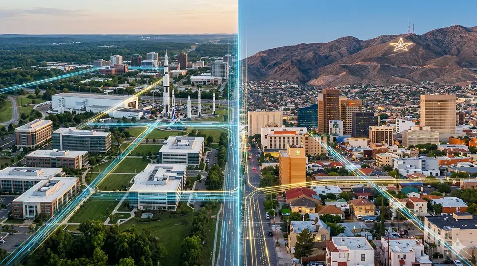 Aerial view of a research campus with rockets on display, beside downtown El Paso and the star on the mountain