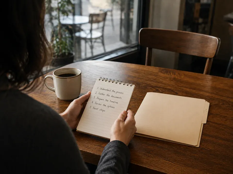 Person holding a notepad with five handwritten lines across a cafe table from an empty chair