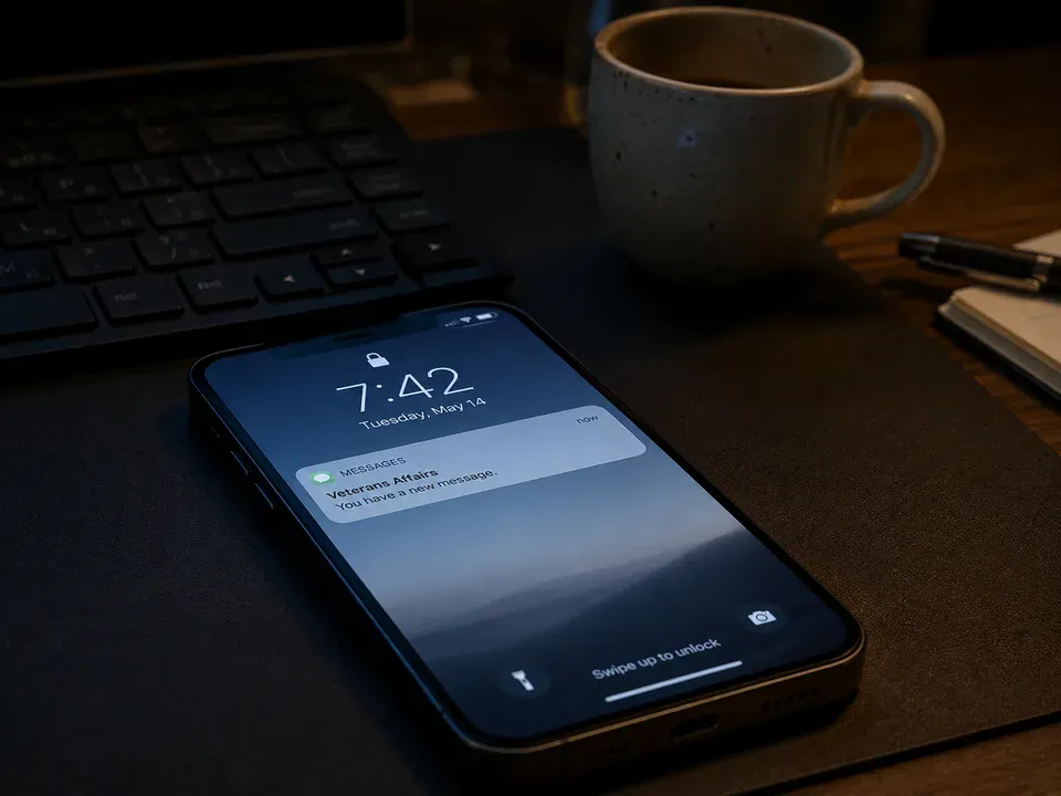 Smartphone face up on a desk showing a single new notification in a dim evening office