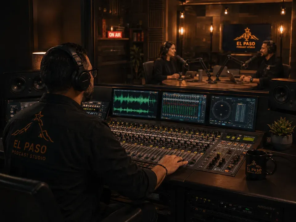 Studio engineer at a mixing console with a lit podcast set visible through the control room glass