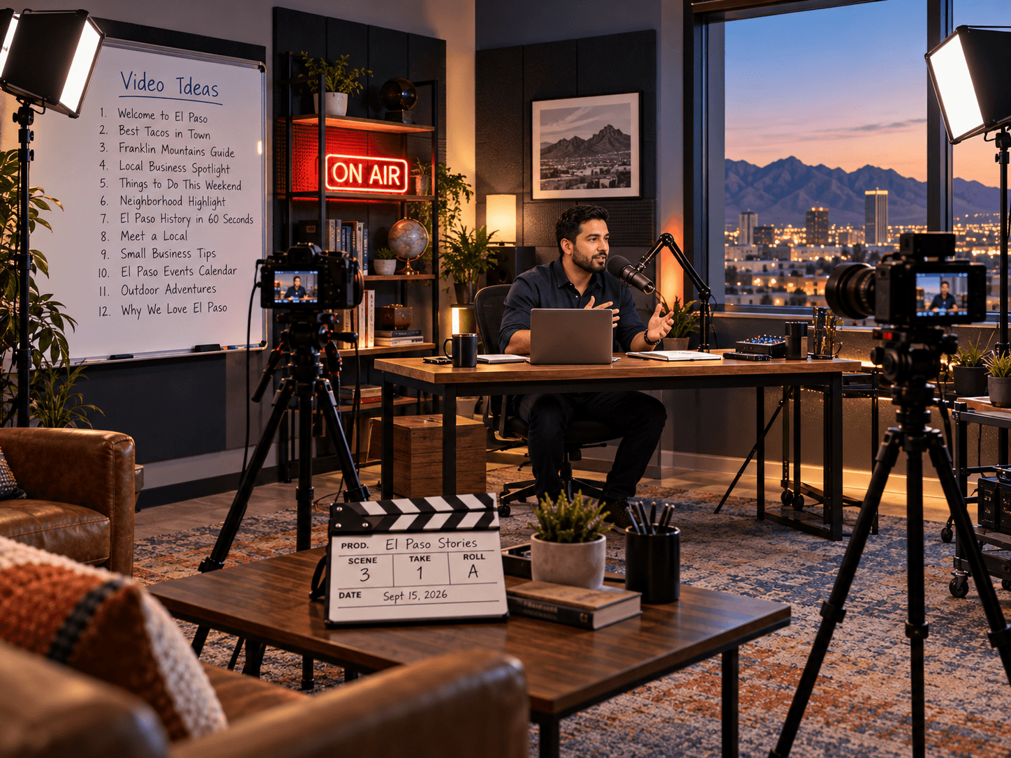 Host at a lit desk in a small studio with two cameras and a whiteboard listing a dozen video titles