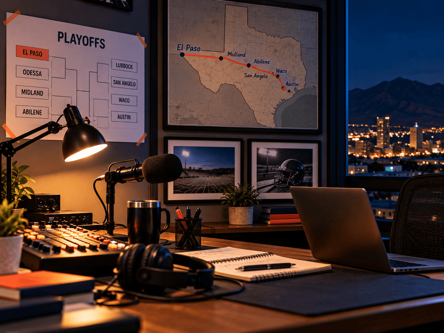 Radio studio desk at night with a playoff bracket taped to the wall and a Texas map marked with a route from El Paso