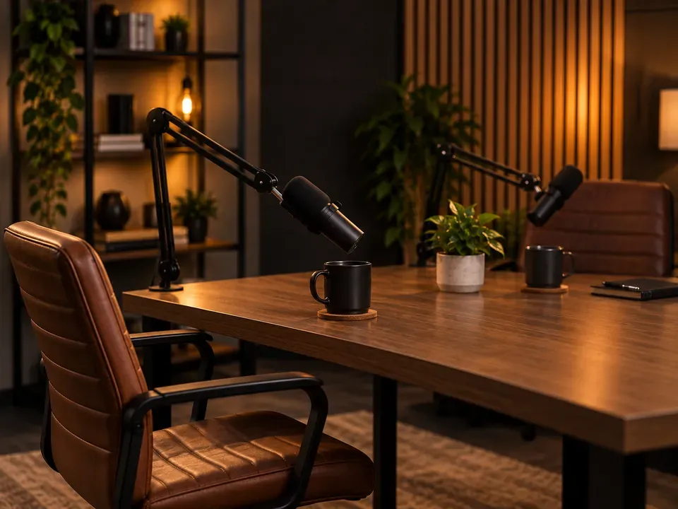 A guest chair at a podcast table with headphones and a microphone