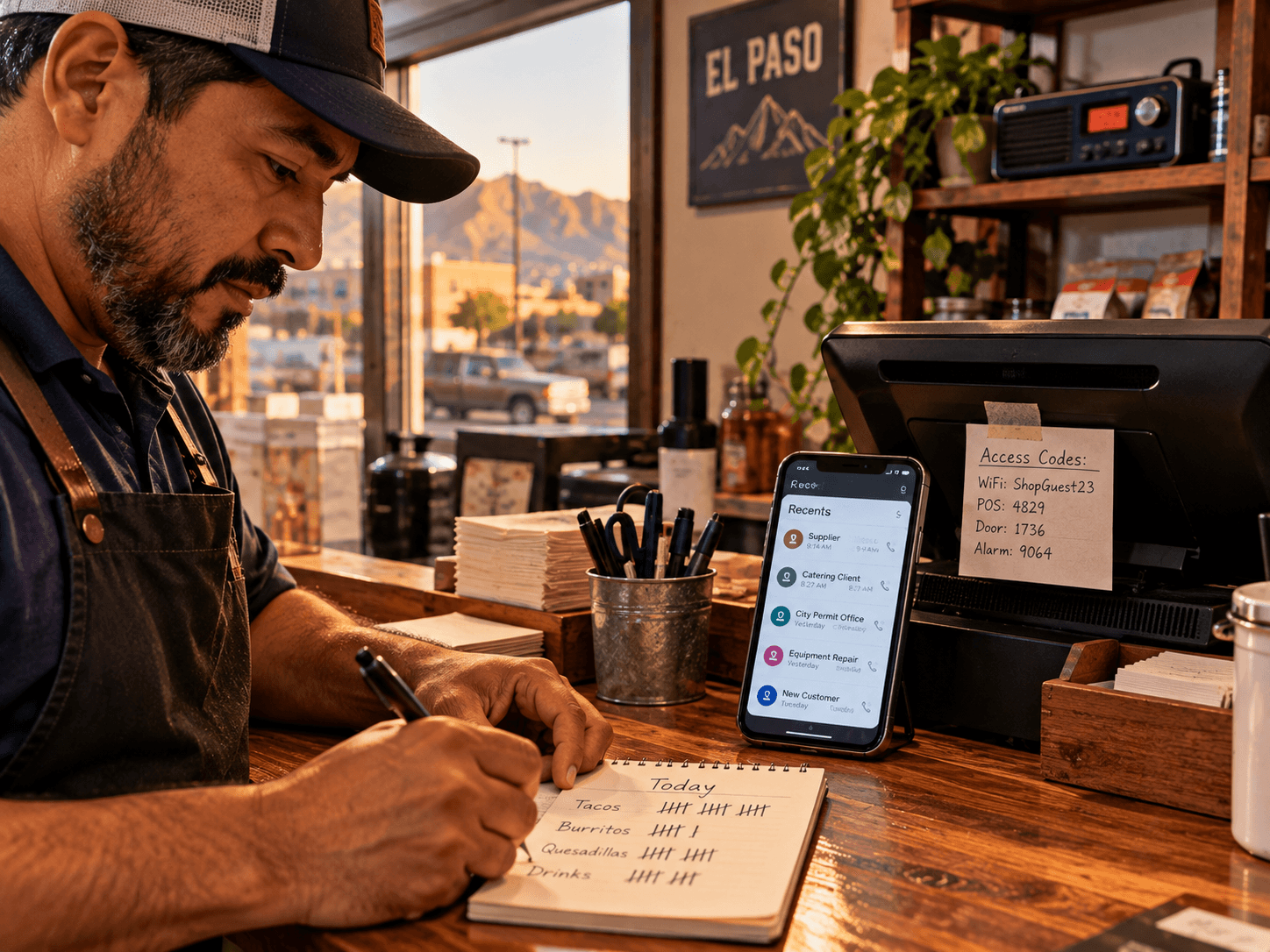 Shop owner writing a tally on a notepad beside a phone call log and a code card taped to the register