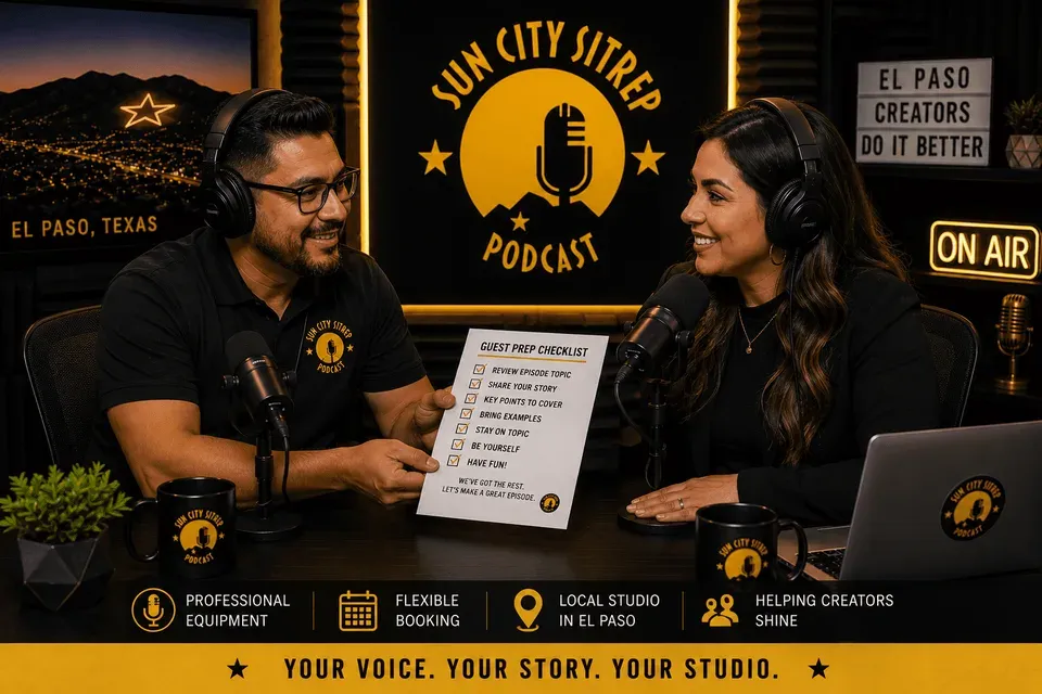 Podcast host sharing a guest prep checklist in a black and gold El Paso studio with microphones and camera-ready setup