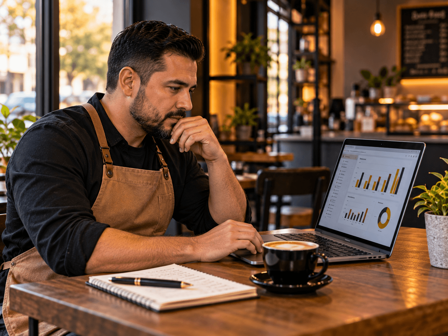 Small business owner in an apron studying charts on a laptop at a café table beside a cup of coffee