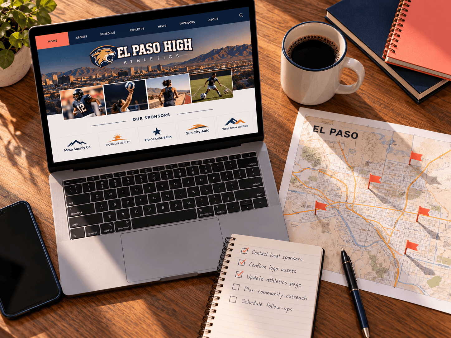 Laptop showing a school athletics webpage with a sponsor logo row beside an El Paso map pinned with coral flags