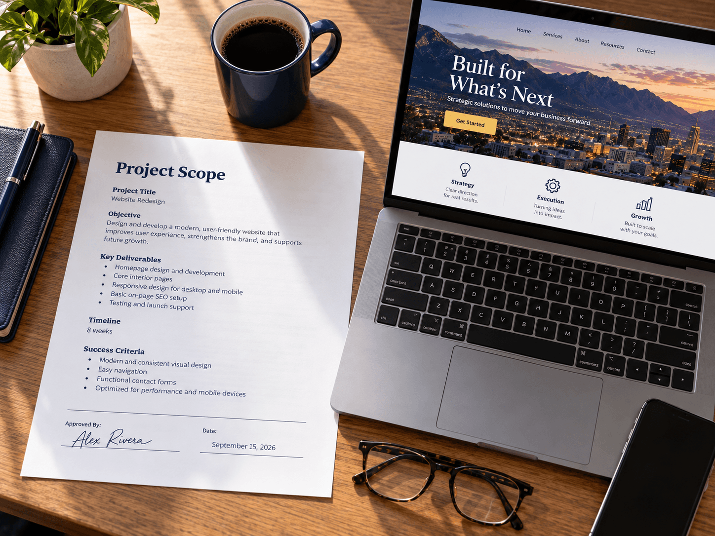 Printed one-page project scope, keys and a laptop showing a finished homepage on a bright office desk