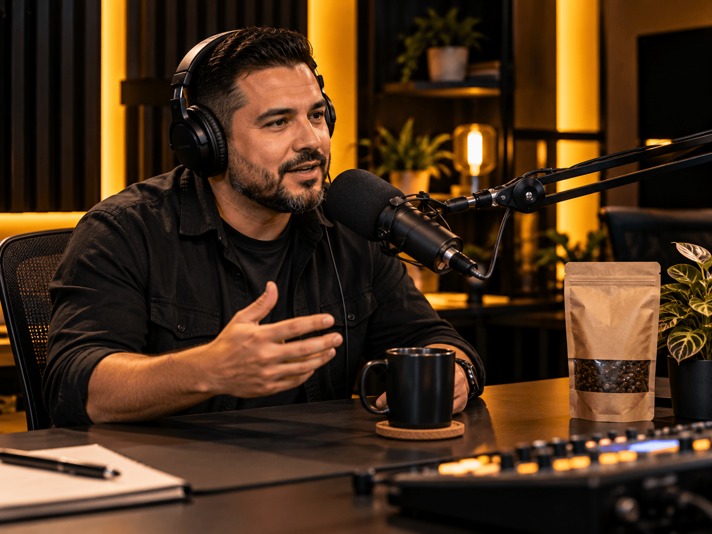 Podcast host in headphones speaking into a broadcast microphone beside a coffee bag at a black studio desk