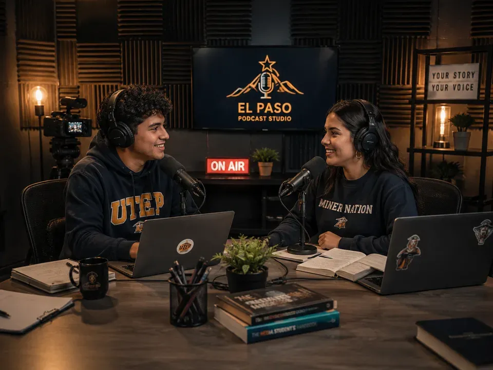 Two college students leaning toward shared microphones in a warmly lit sound-treated studio near UTEP