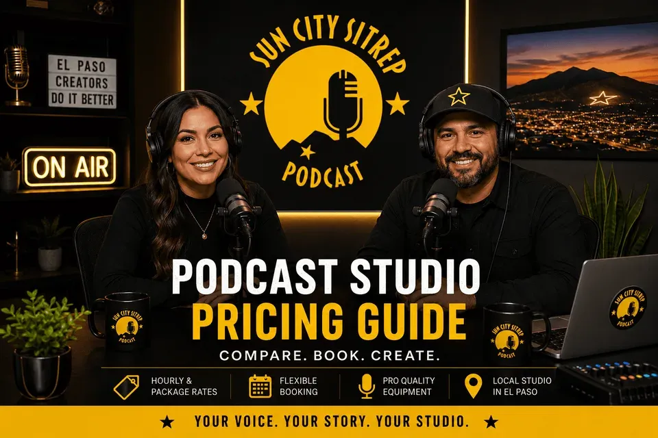 Two El Paso podcast hosts recording in a black and gold studio while comparing podcast studio rental cost options