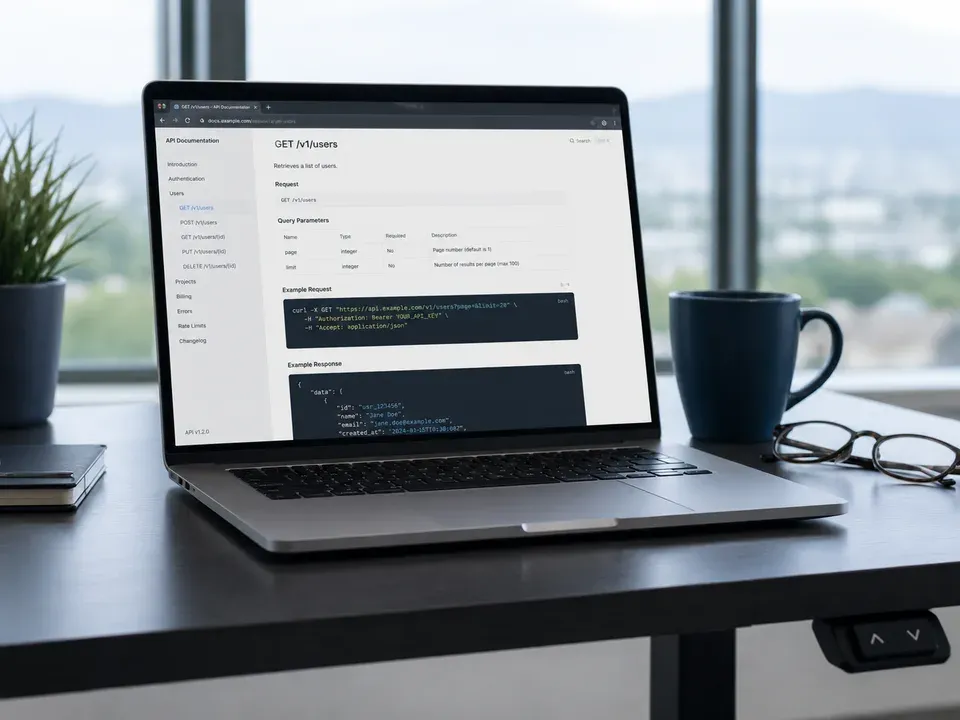 Laptop on a standing desk showing a technical documentation page with a visible code block