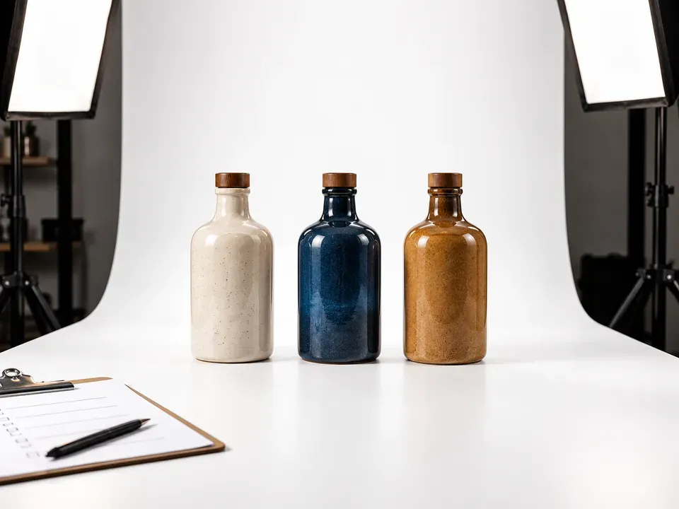 Three ceramic bottles on a curved white backdrop, lit by two softboxes