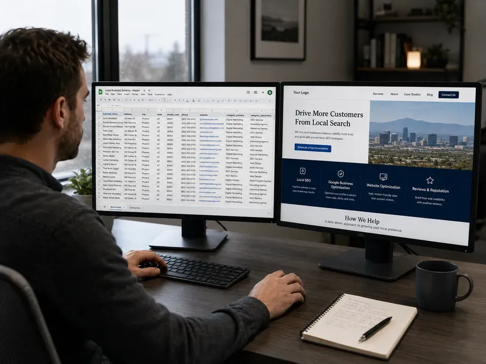 Developer at a dual-monitor workstation comparing a data spreadsheet against a web page template