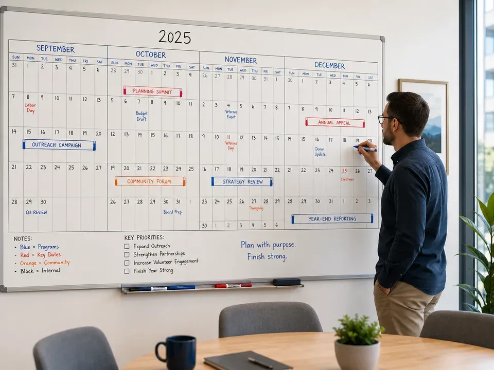Wall planning calendar with the final months of the year marked in colored tape as a person adds a note