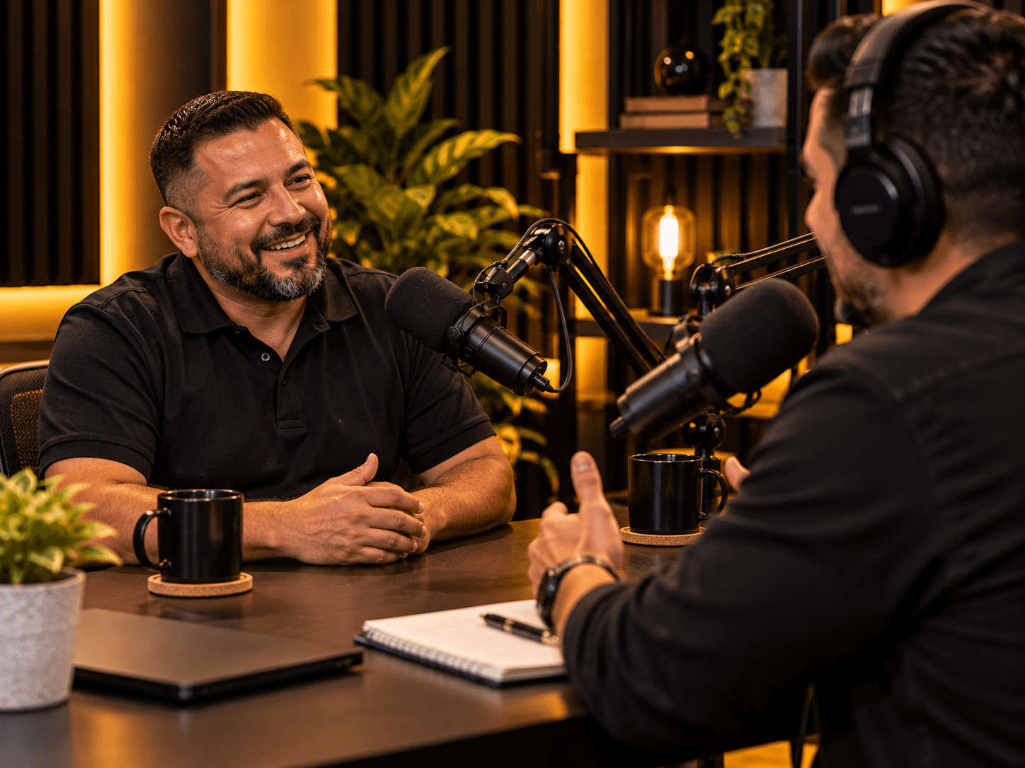 Local business owner laughing in a guest chair across from a podcast host at a studio desk with boom microphones