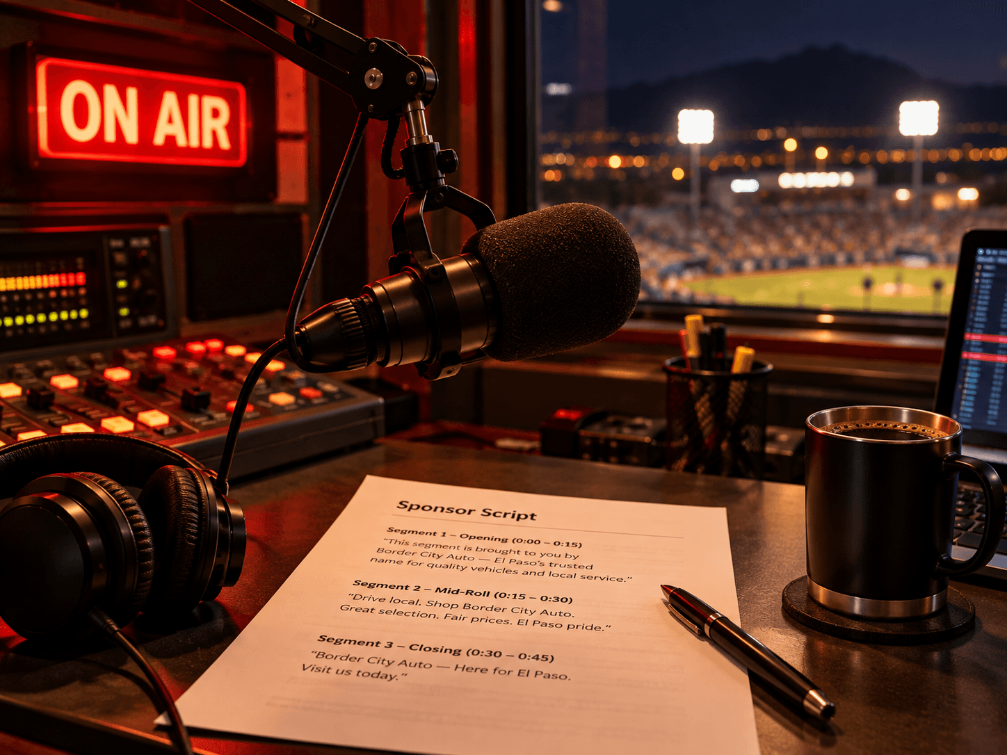 Broadcast microphone under a glowing on-air light in a dim radio booth with a printed script on the desk