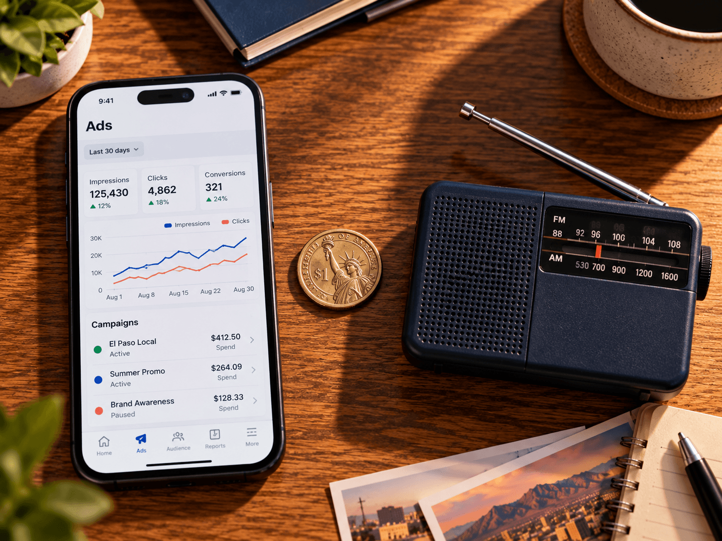 Smartphone showing an ads dashboard and a small transistor radio on a table with a coin placed between them