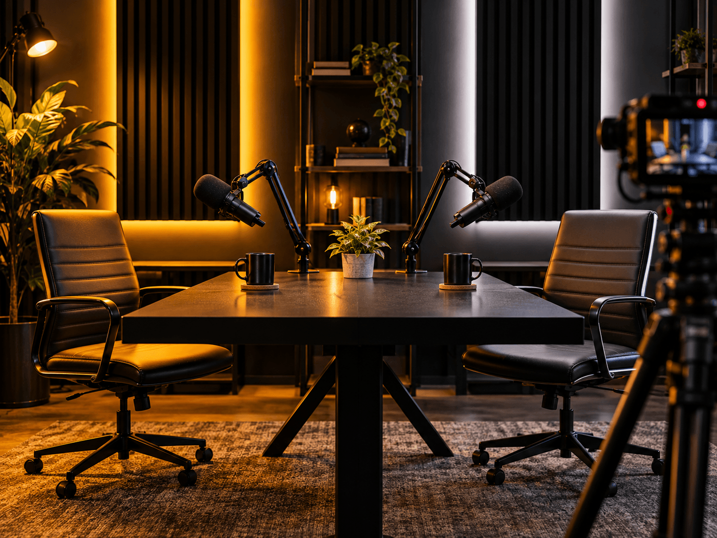Two empty podcast chairs facing each other across a black desk with boom microphones, one lit gold and one white