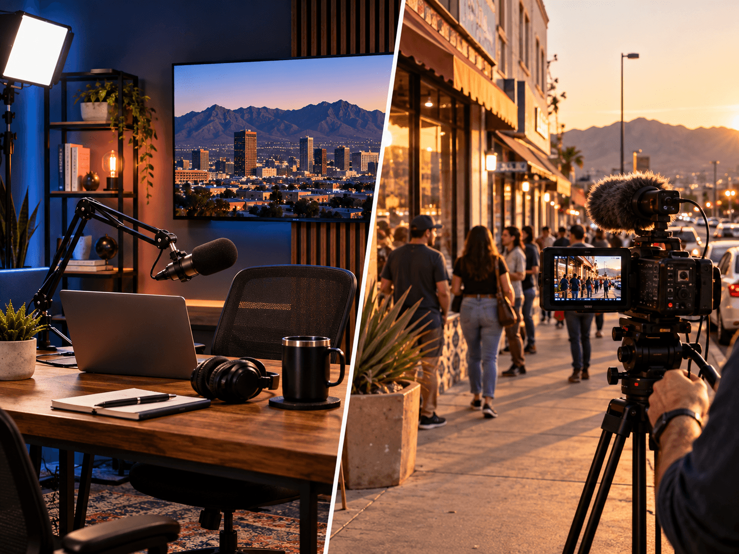 Split scene of a lit studio desk on the left and a handheld camera filming an El Paso storefront on the right