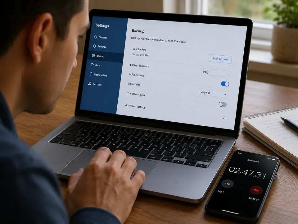 Person leaning toward a laptop settings menu with a phone stopwatch running beside the keyboard