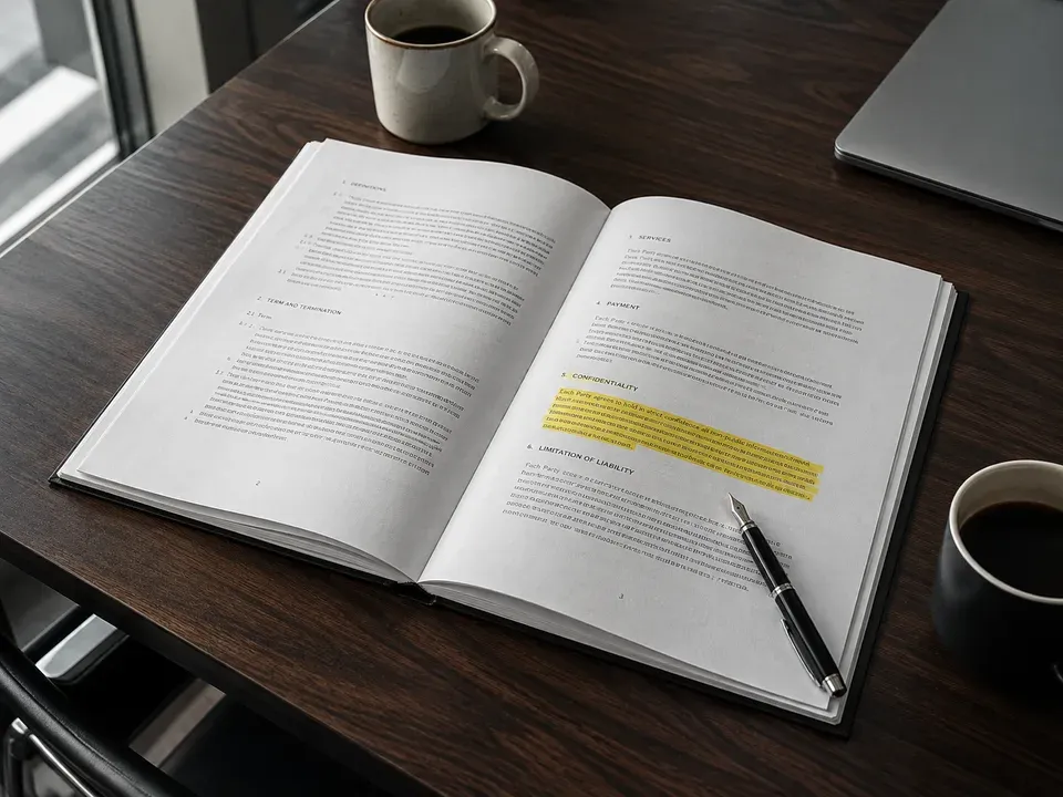 Open contract on a conference table with one paragraph highlighted and a fountain pen beside it