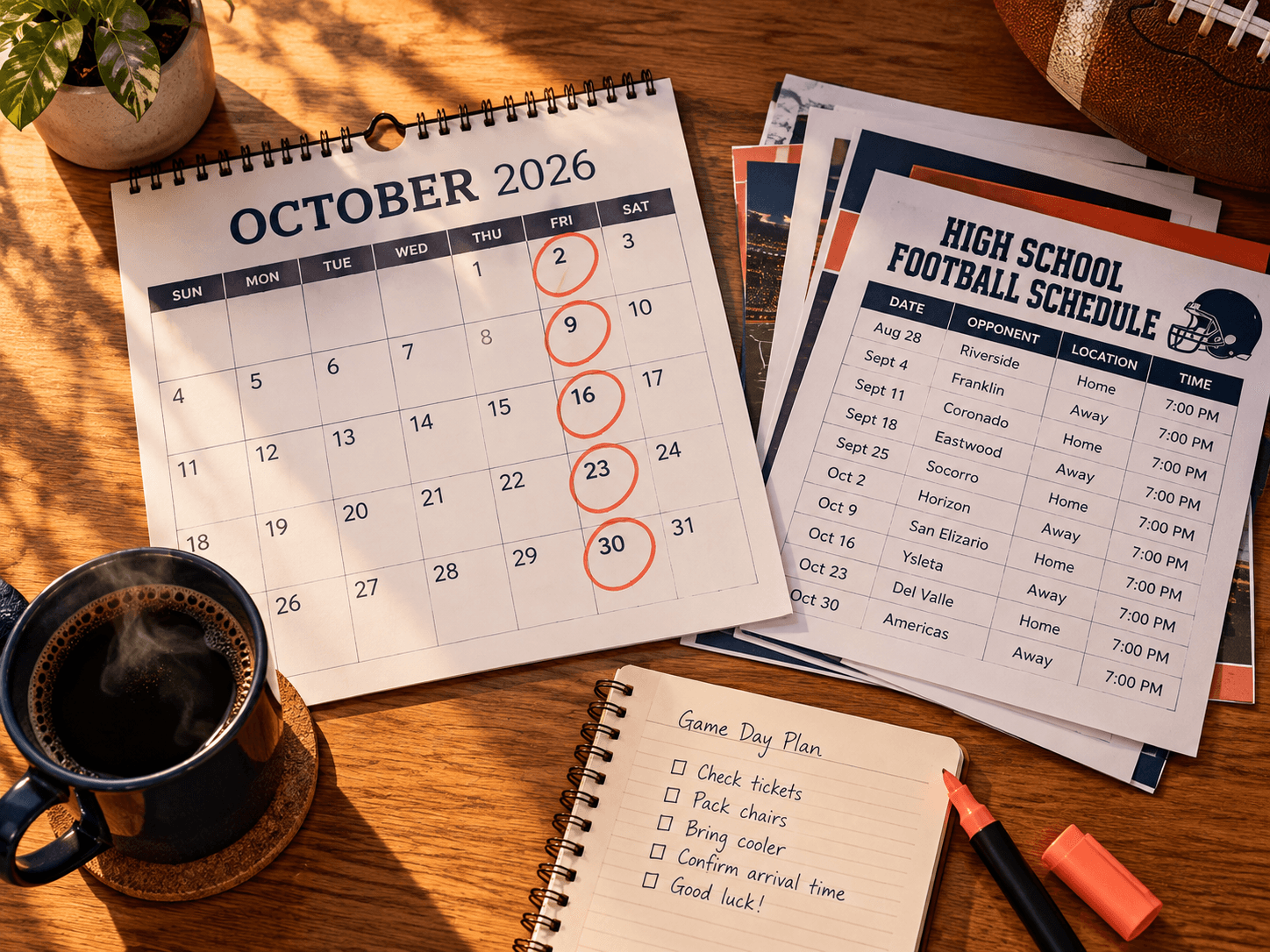 October wall calendar with Fridays circled in coral beside a stack of football schedules and a coffee cup