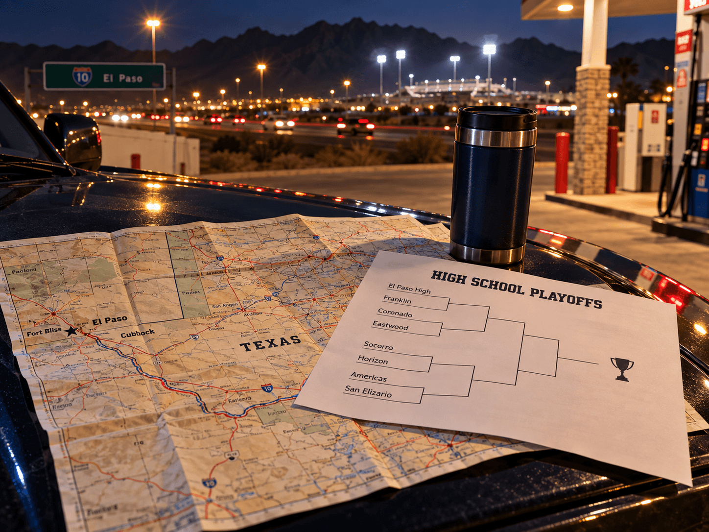 Texas road map and a printed playoff bracket spread on a car hood at a gas station at night
