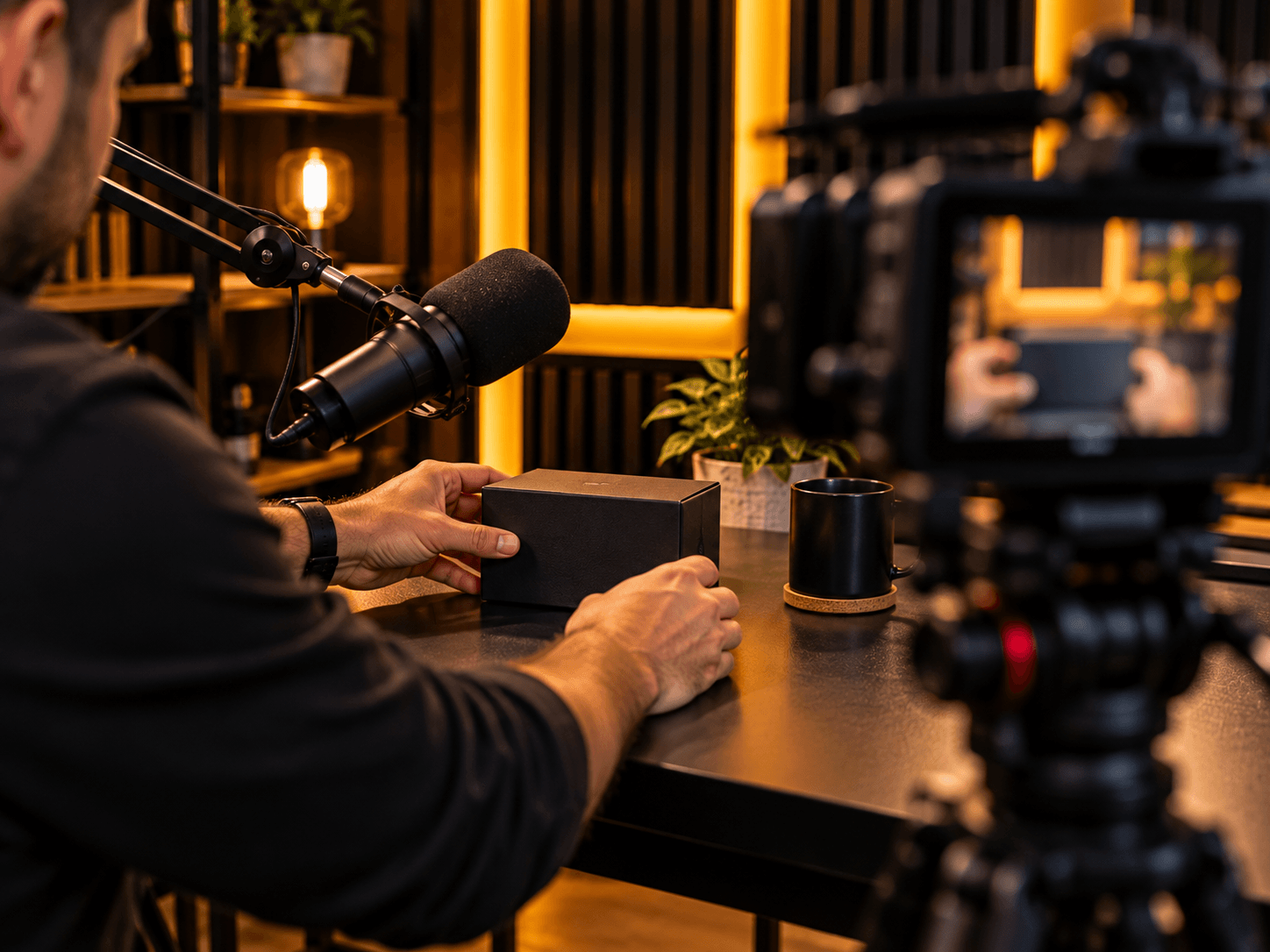 Host's hands placing a product box beside a broadcast microphone on a black desk as a studio camera records