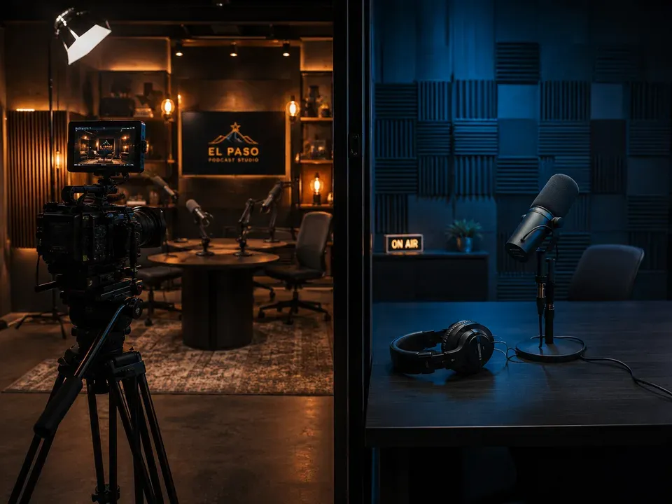 Cinema camera facing a lit podcast set on one side and a bare microphone on a dark desk on the other