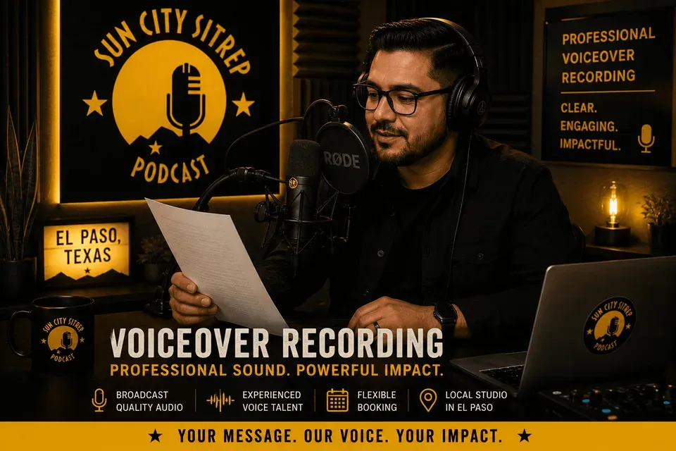 Voice talent recording a script in a black and gold El Paso voiceover studio with microphone, headphones, and laptop