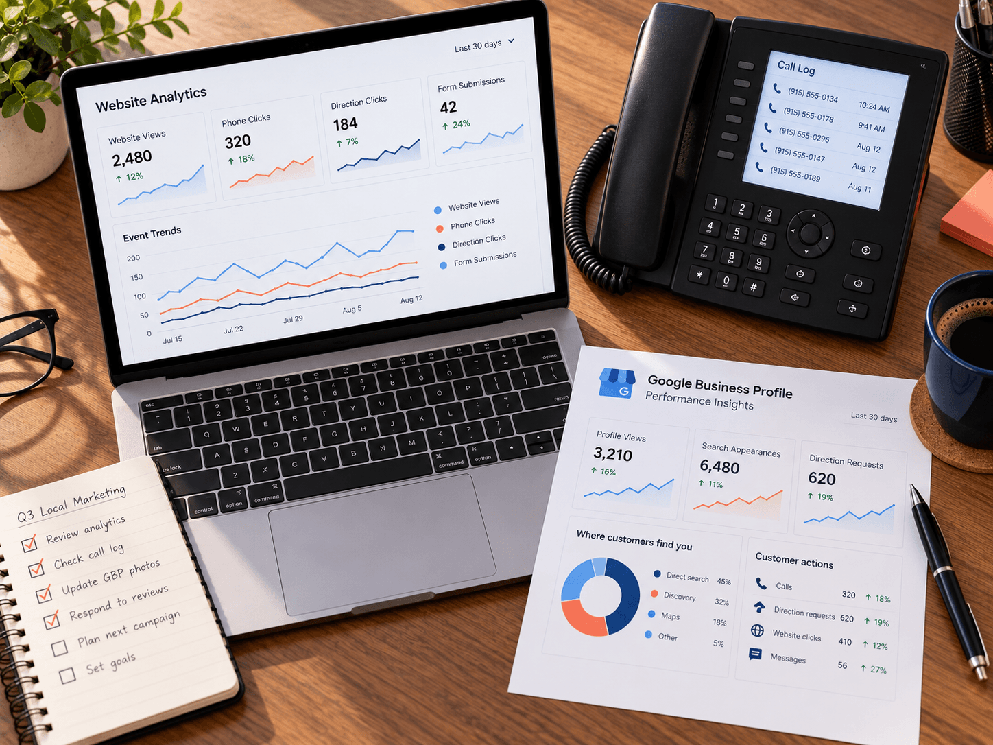 Laptop showing a simple analytics dashboard beside a desk phone with a call log and a printed insights sheet