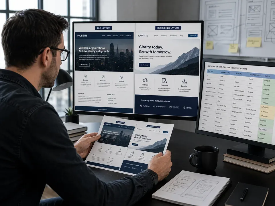 Designer comparing a printed older web layout against a refreshed layout on a large monitor