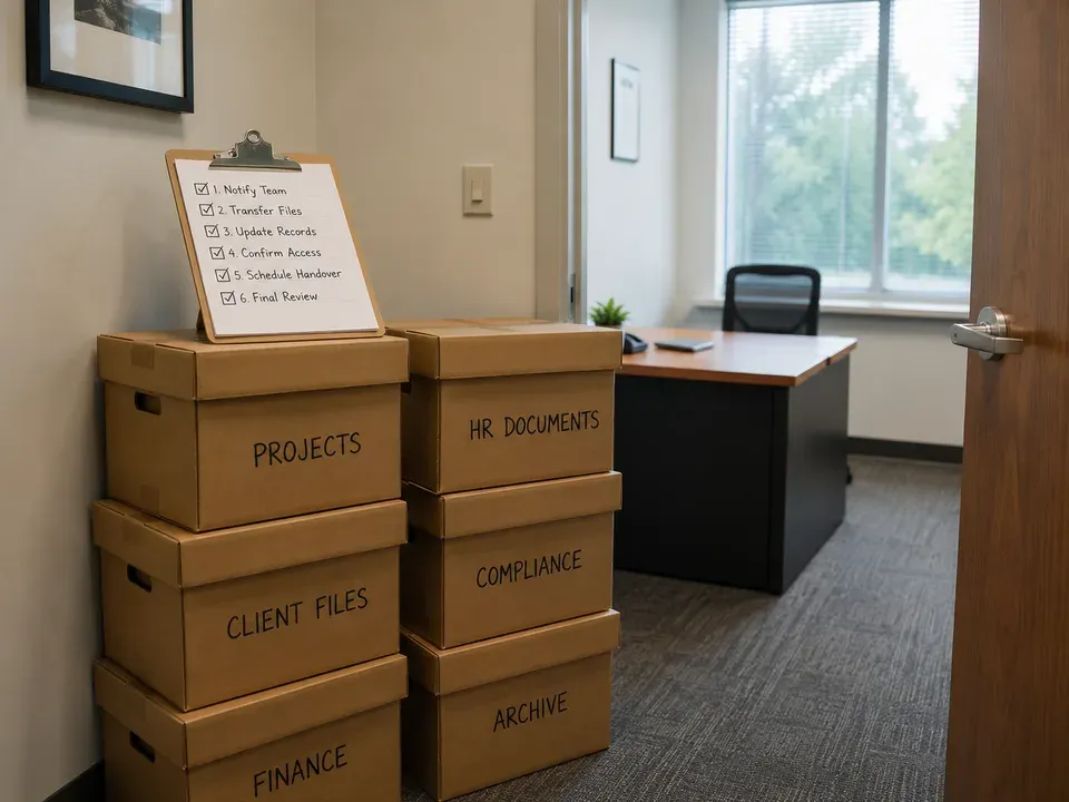Labelled cardboard boxes stacked by an office door with a clipboard showing a six-line checklist