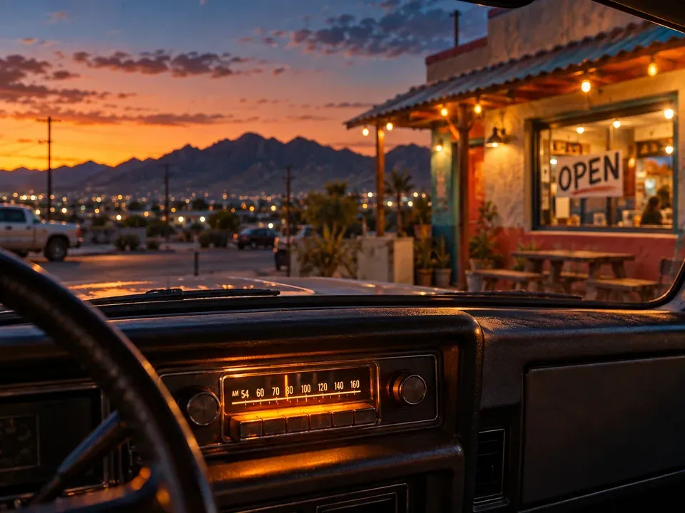 Vintage radio glowing on a pickup dashboard outside an El Paso taqueria at dusk with the Franklin Mountains behind