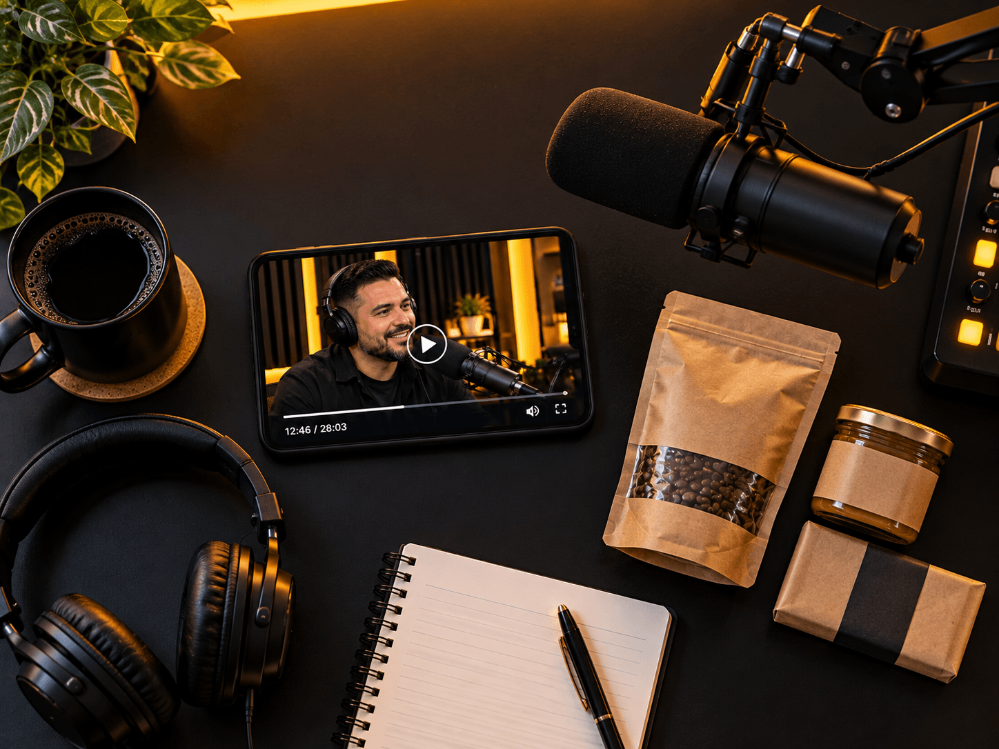 Smartphone showing a paused podcast video beside a microphone, headphones and product samples on a black desk