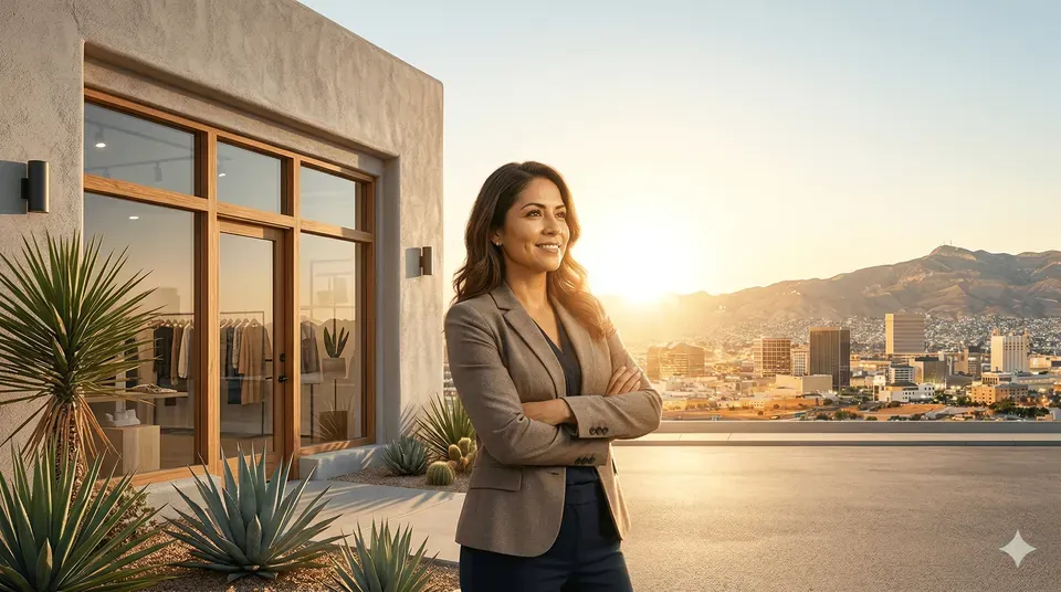A business owner standing outside her shop at sunrise, with downtown El Paso and the mountains behind her