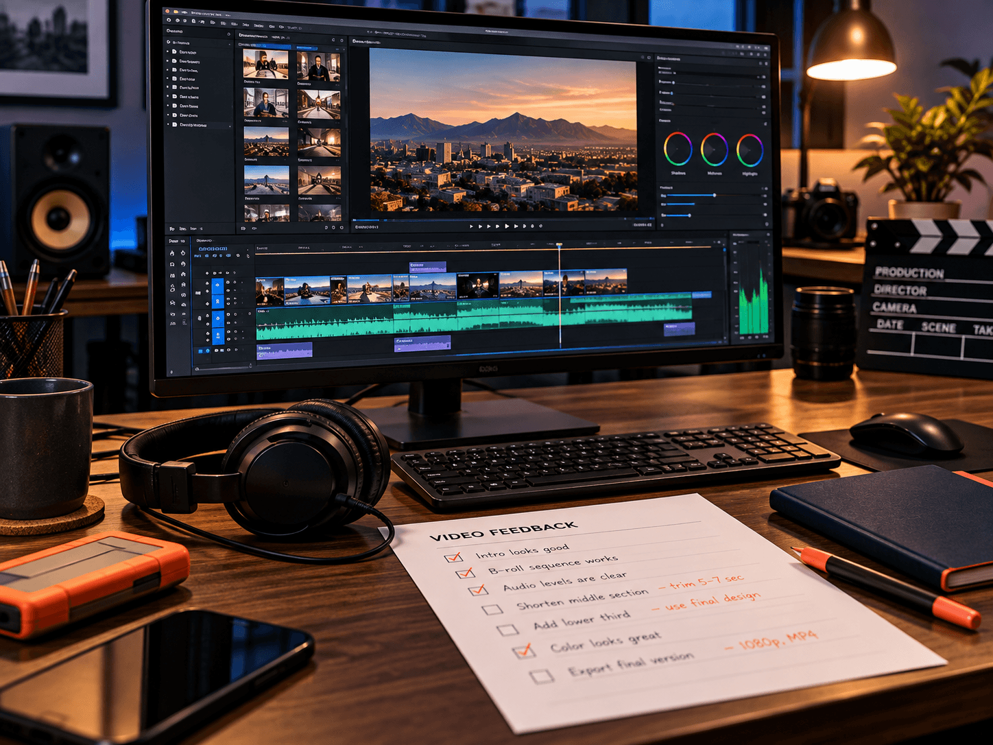 Editing workstation with a video timeline on screen, headphones and a printed feedback sheet with coral notes