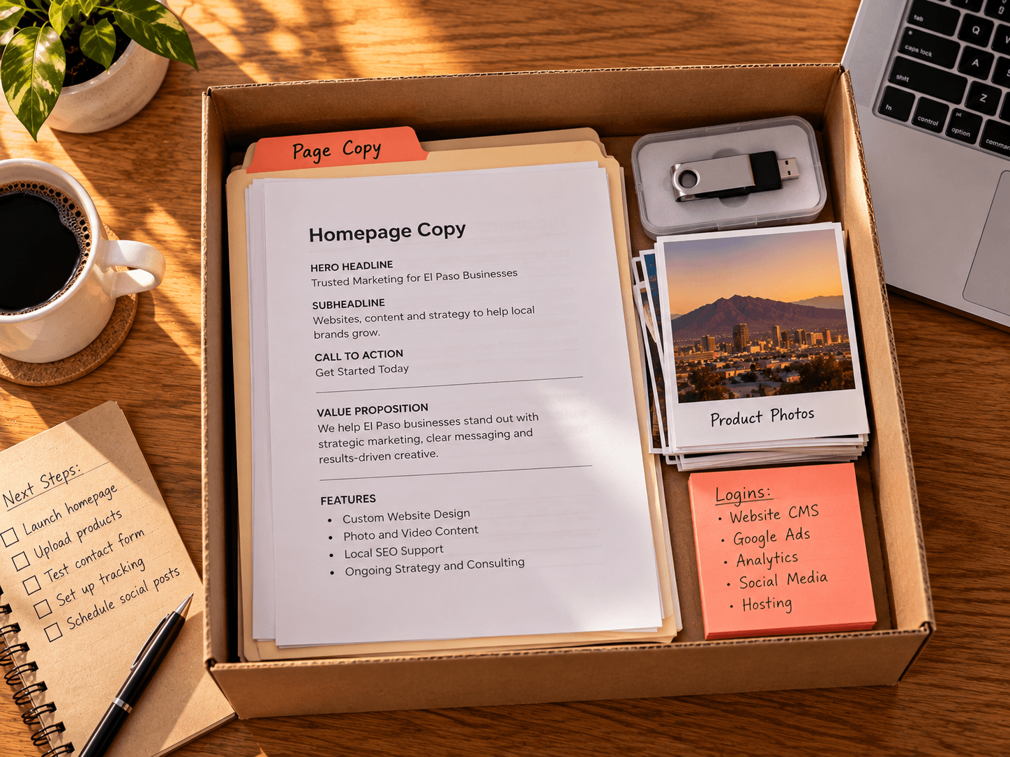 Cardboard file box on a desk holding printed page copy, a USB drive, product photos and a sticky note