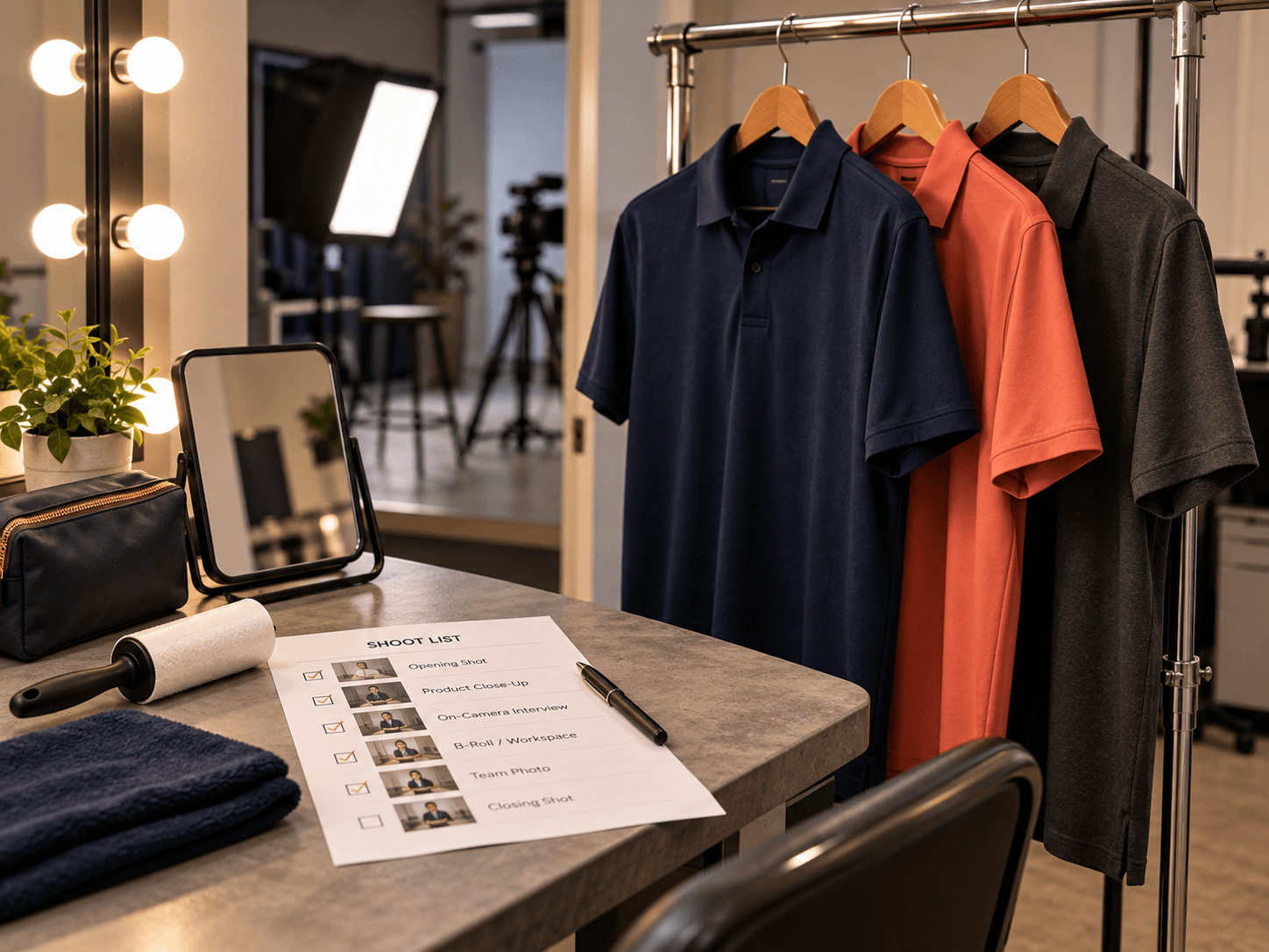 Garment rack with three solid-color shirts in a studio green room beside a lint roller, mirror and shot list