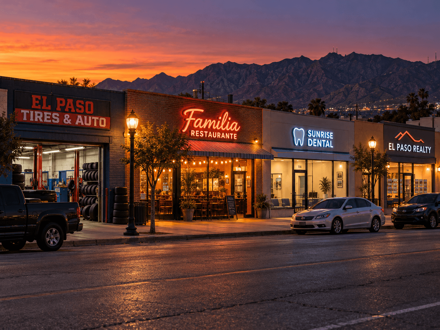Row of small El Paso storefronts at dusk with one storefront lit brighter than the others